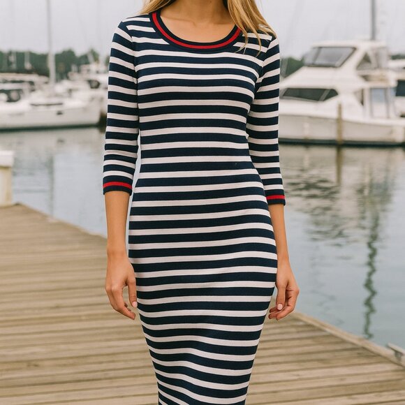 Talbots Navy & White Striped Knit Dress Red Trim Nautical Coastal Classic Cotton - Picture 1 of 8